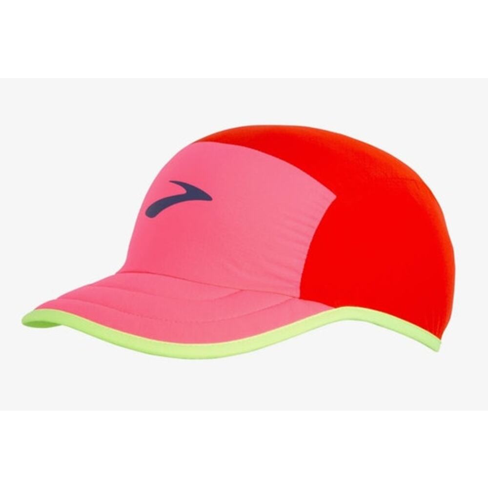 Brooks Running Lightweight Packable Hat NWT Red Neon Pink OSFA Reflective Cap